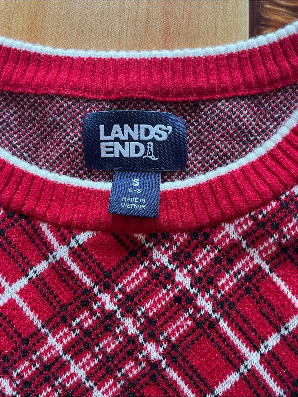 Lands' End Red Plaid Crewneck Sweater
